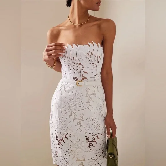 Sexy Whispy Lace Lined Bodycon Belted White MIDI Dress - Picture 1 of 8